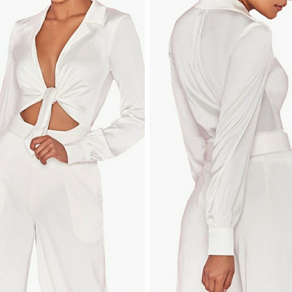 Last M• Front Tie Long Sleeve Bodysuit | White - Picture 3 of 8